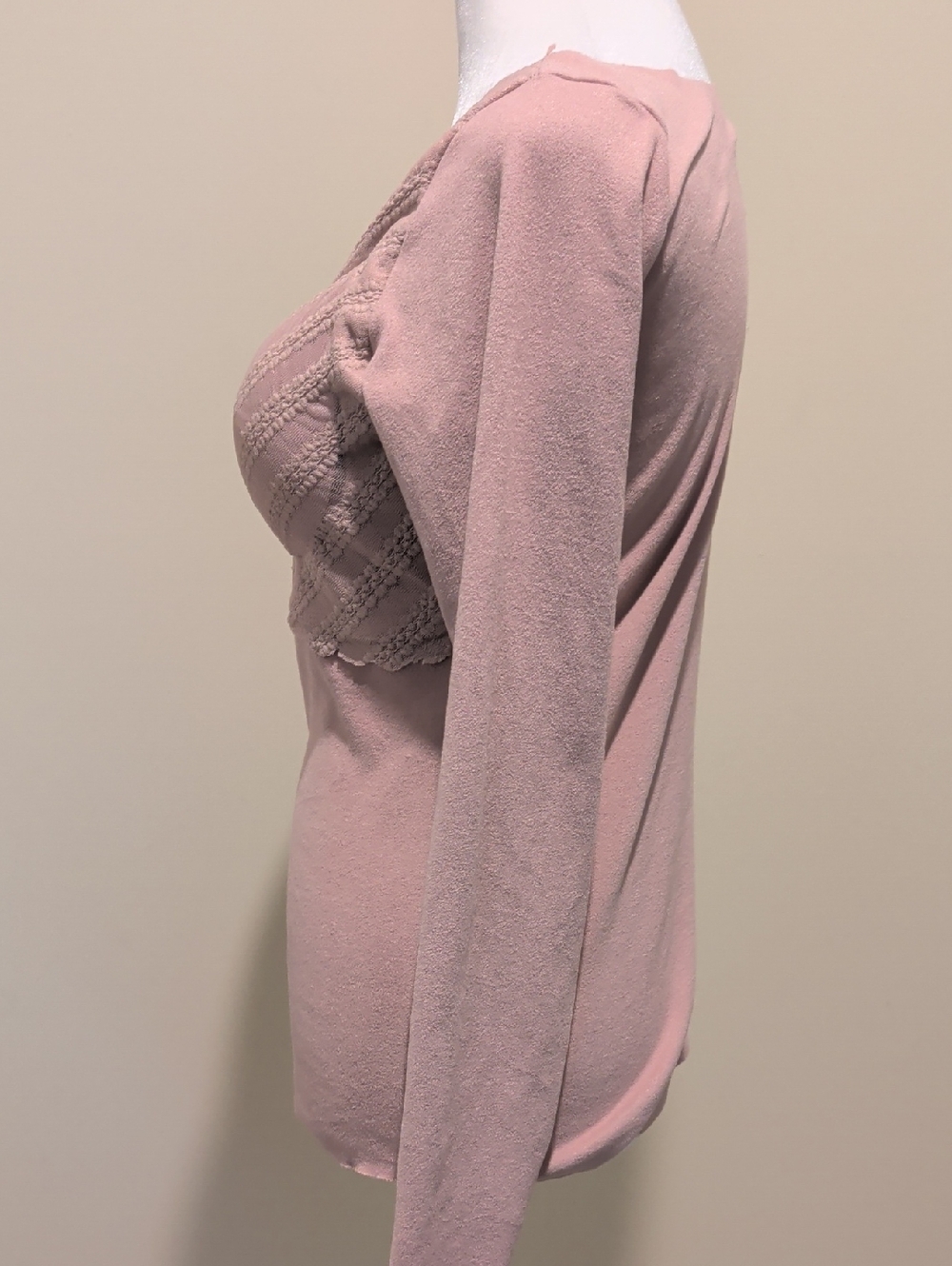 Dusty Pink Lace-Trim V-Neck  Bodice  Long Sleeve Thermal Top - Picture 6 of 8